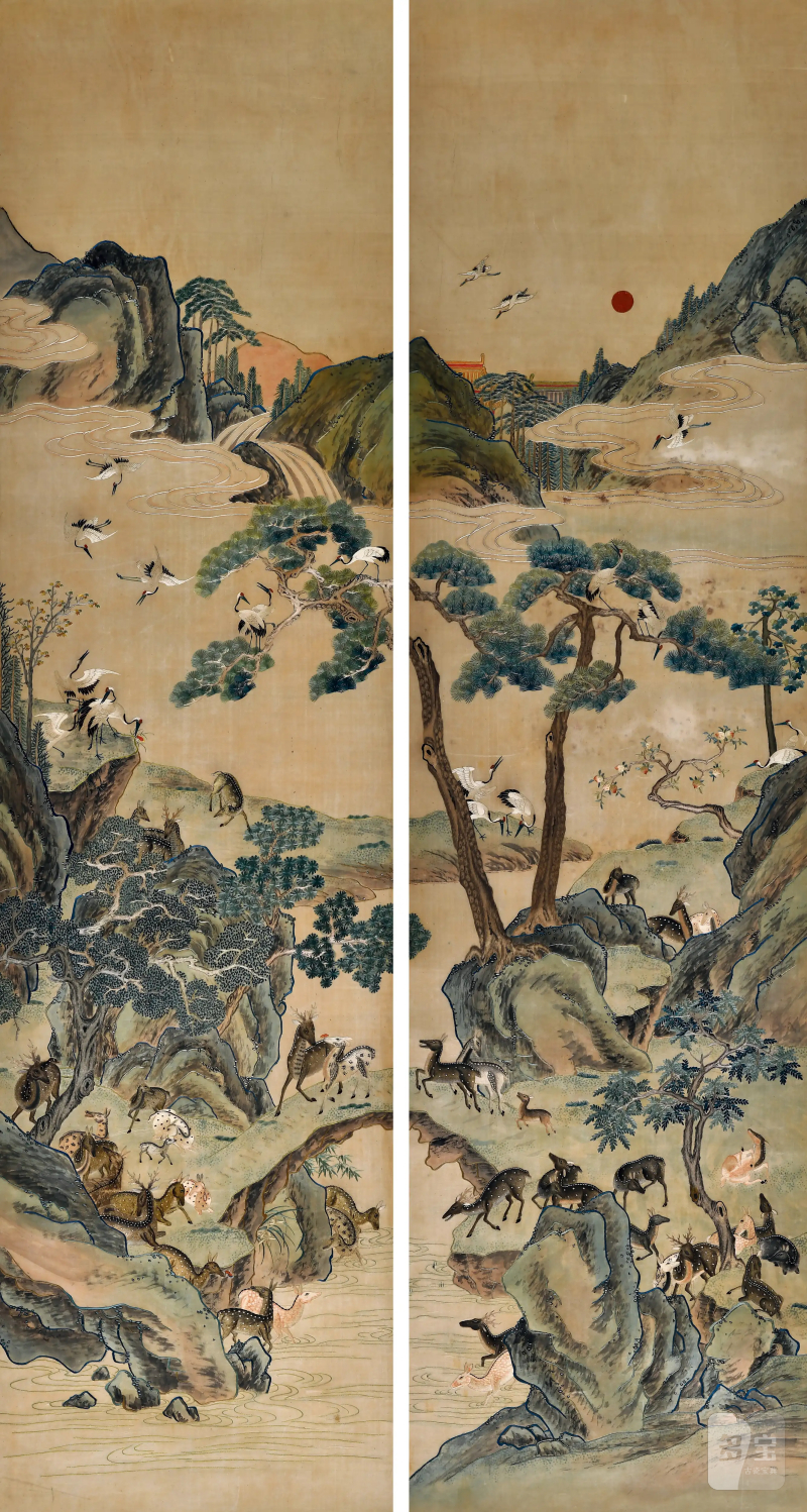 清康熙 顾绣鹤鹿同春对屏 - 图1